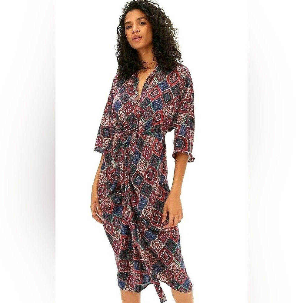 Anthropologie Miska Midi Dress‎ Tie Waist 3/4 Sleeve Plum purple print